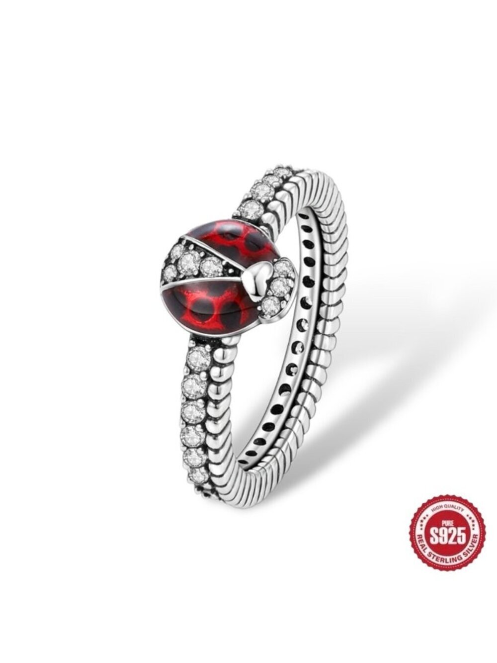 NEW Ladybug Ring Sz 7 S925 Solid Sterling Silver Red Enamel CZ Whimsical